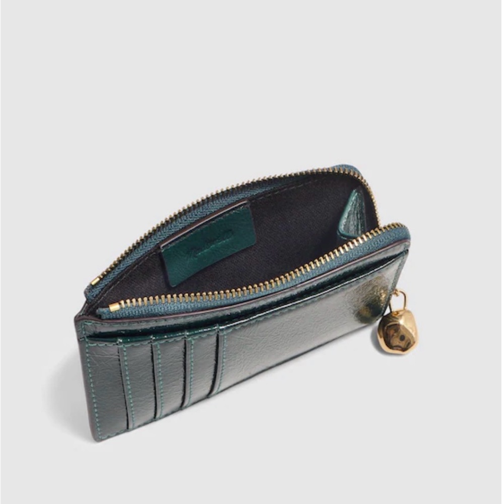 Madewell Forest Green Leather Card Wallet with Gold Zipper Charm - Picture 2 of 5
